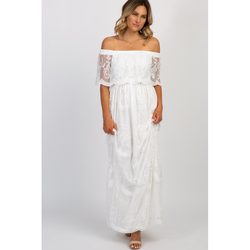 White Lace Mesh Overlay Off Shoulder Maxi Dress