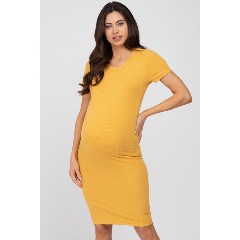 Yellow Ribbed Fitted Maternity Dress