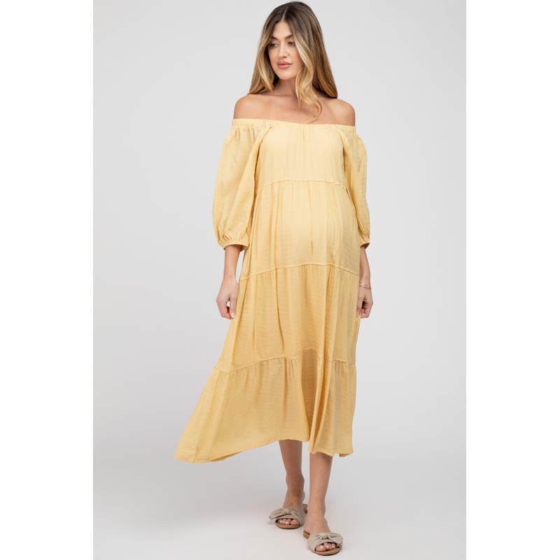 Yellow Tiered Maternity Midi Dress