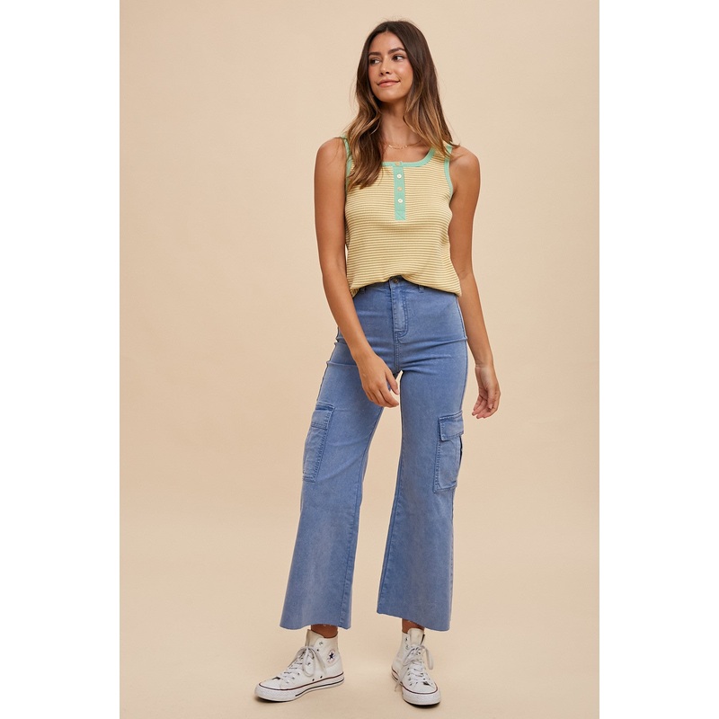 Banana Combo Contrast Striped Rib Henely Tank Top