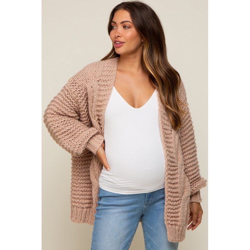 Beige Chunky Knit Maternity Cardigan
