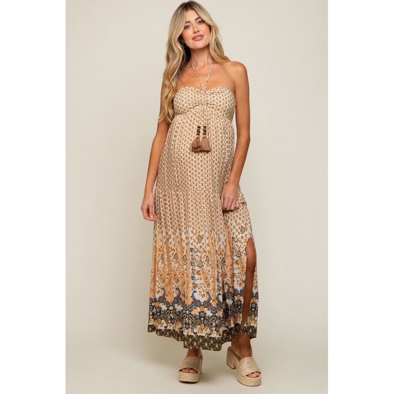 Beige Floral Paisley Halter Maternity Maxi Dress