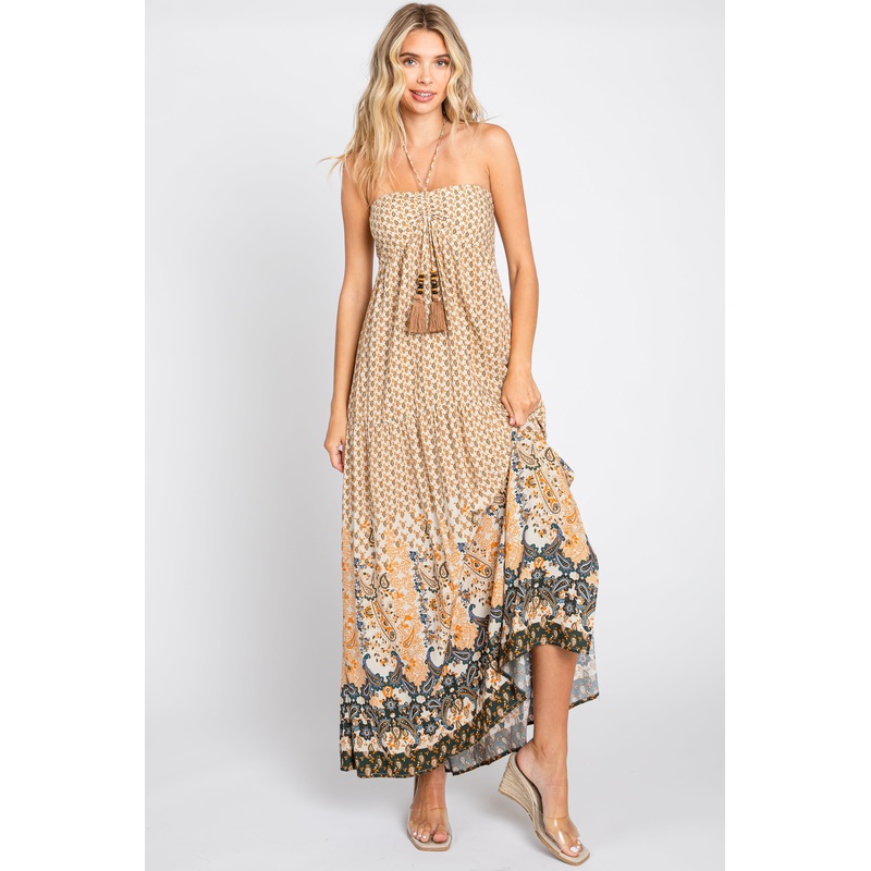 Beige Floral Paisley Halter Maxi Dress