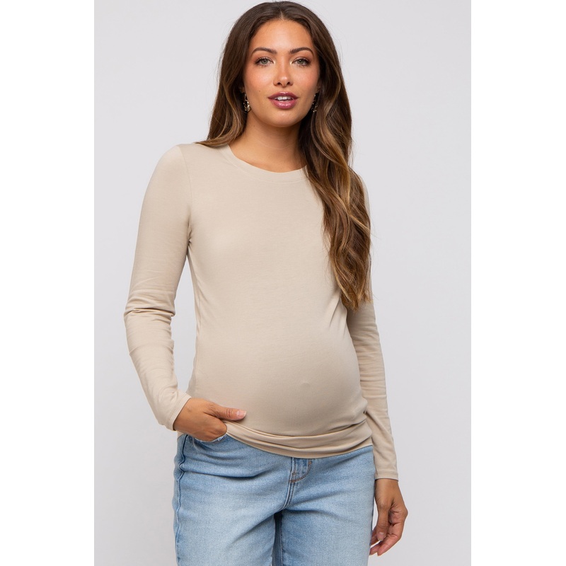 Beige Long Sleeve Maternity Top