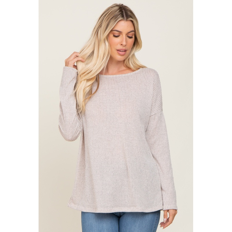 Beige Ribbed Open Knit Long Sleeve Top