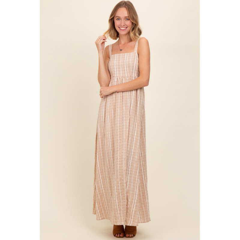 Beige Striped Back Cut Out Maxi Dress