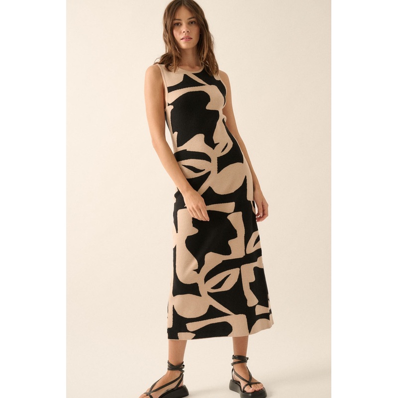 Black Abstract Print Knit Sleeveless Midi Dress