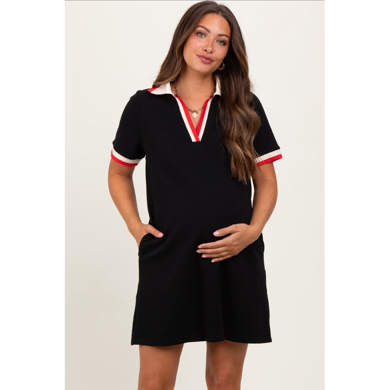 Black Contrast Trim Maternity Mini Polo Dress