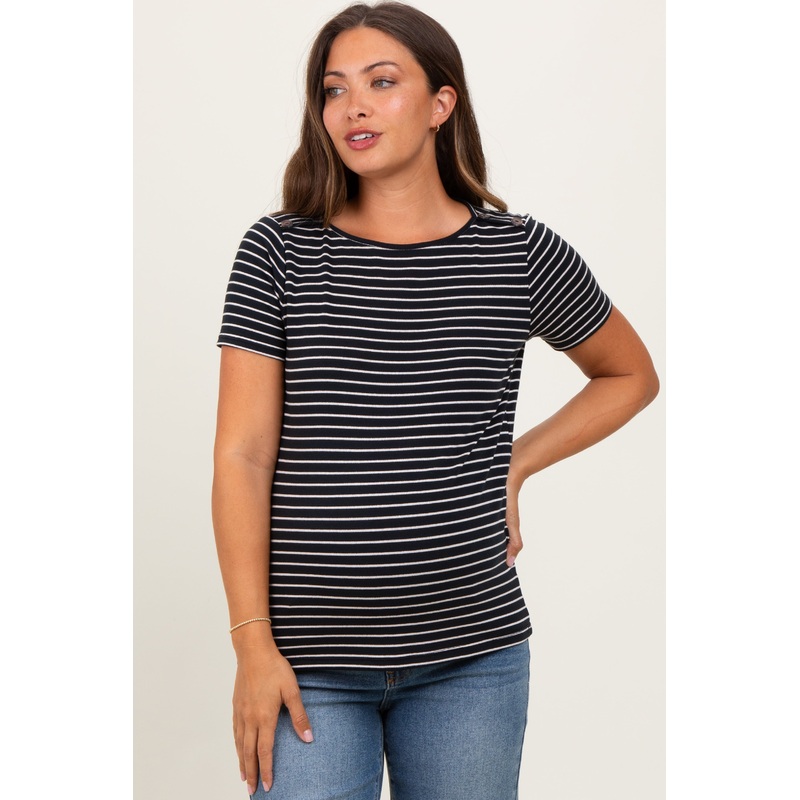 Black Pinstripe Shoulder Button Detail Maternity Top