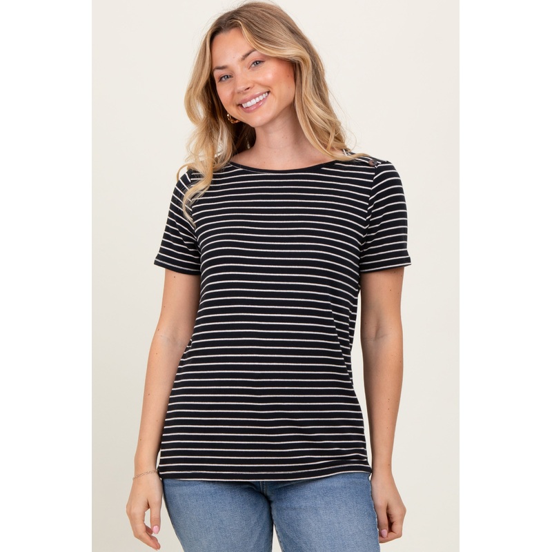 Black Pinstripe Shoulder Button Detail Top