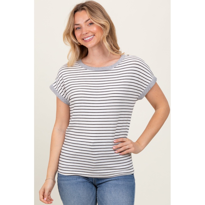 Black Pinstripe Soft Terry Short Sleeve Top