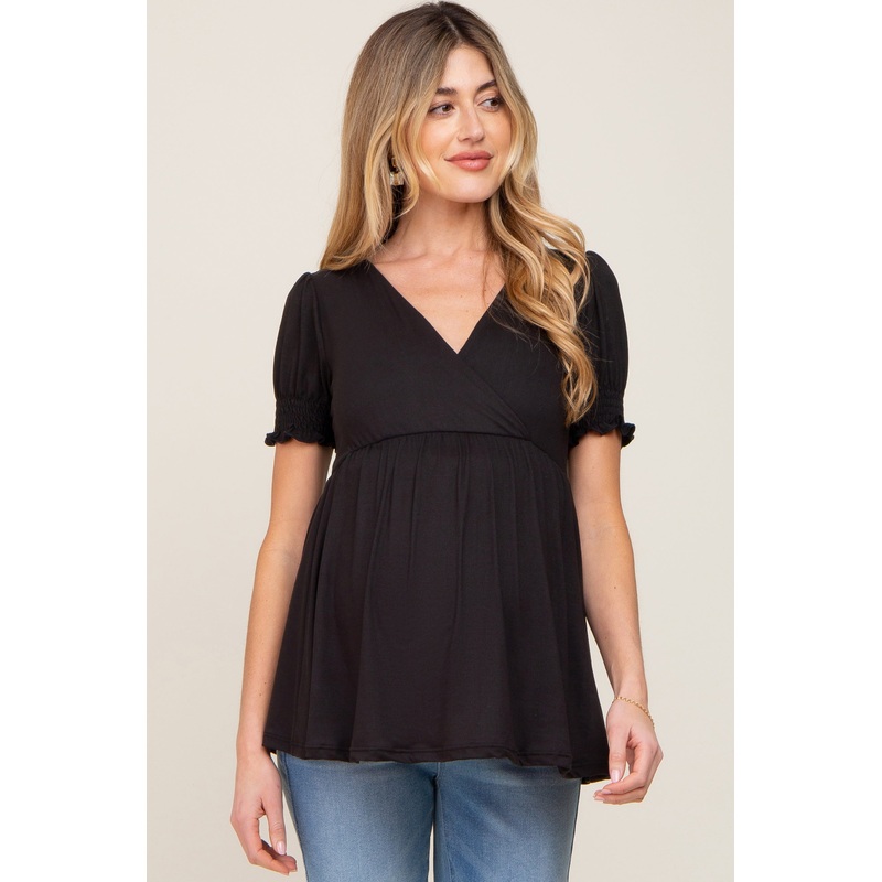 Black Puff Sleeve Crossover Maternity/Nursing Top