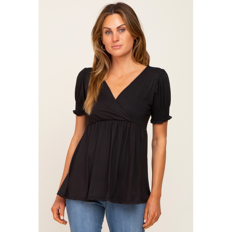Black Puff Sleeve Crossover Nursing Top