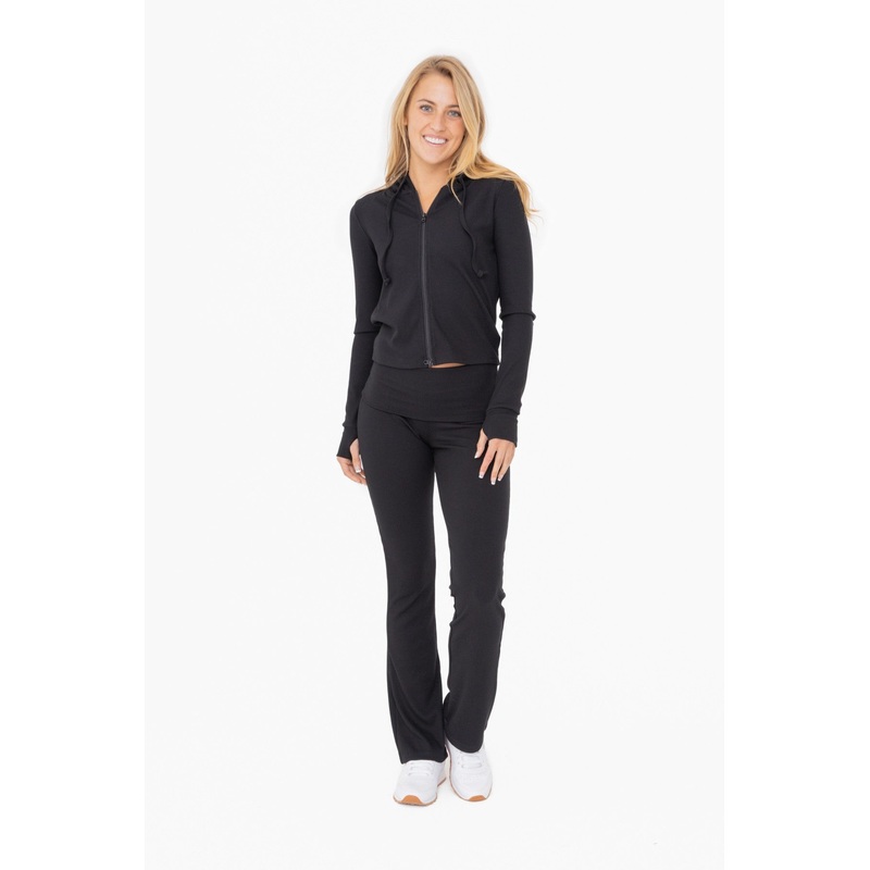 Black Ribbed Foldover Flared Pants