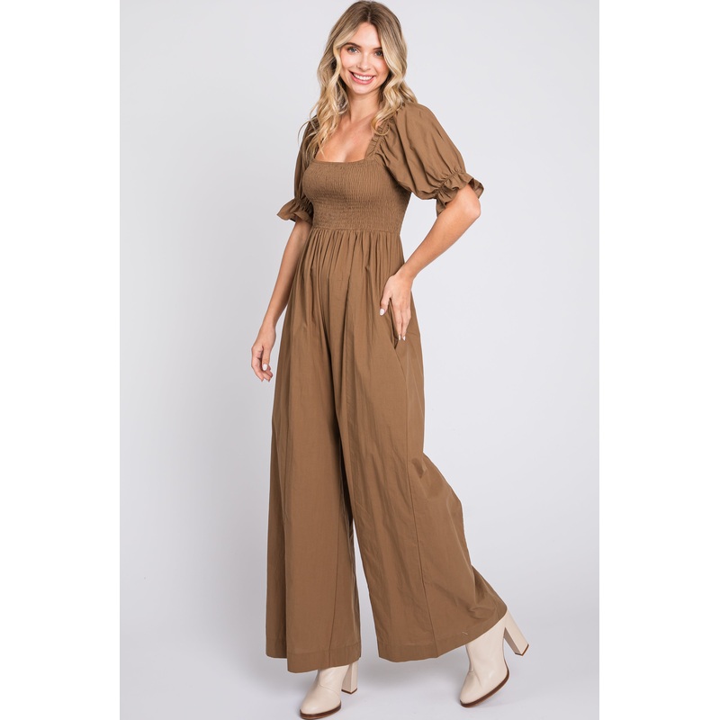 Brown Smocked Square Neck Wide Leg Jumpsuit