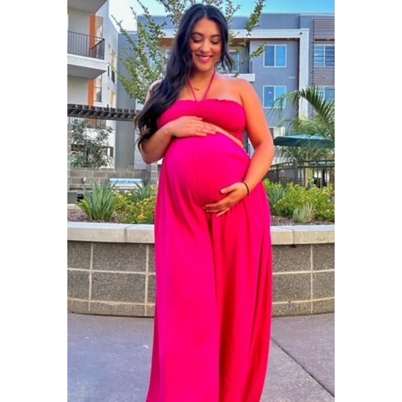 Fuchsia Smocked Drawstring Halter Side Cutout Maternity Jumpsuit
