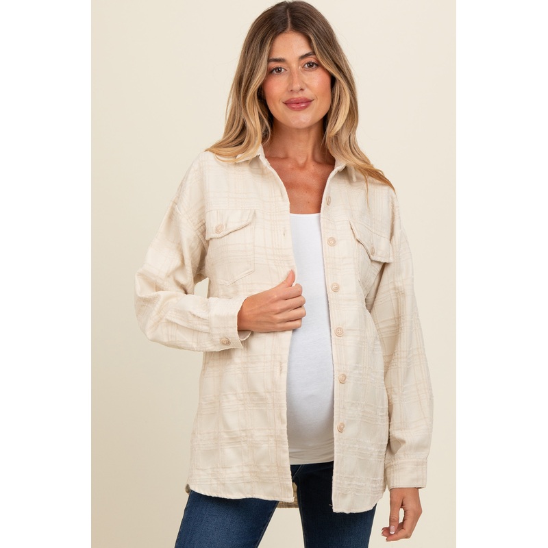 Ivory Plaid Textured Maternity Shirt Jacket
