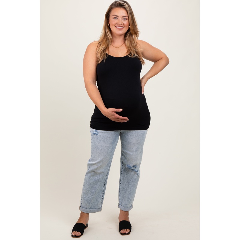 Light Blue Rolled Cuff Distressed Straight Leg Maternity Plus Jeans