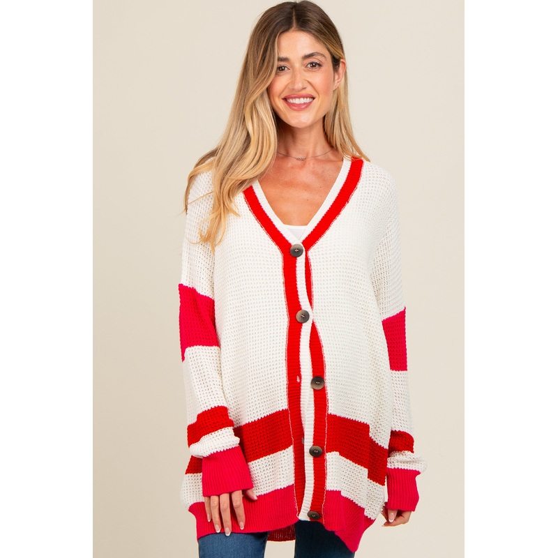 Red Colorblock Button Down Maternity Cardigan
