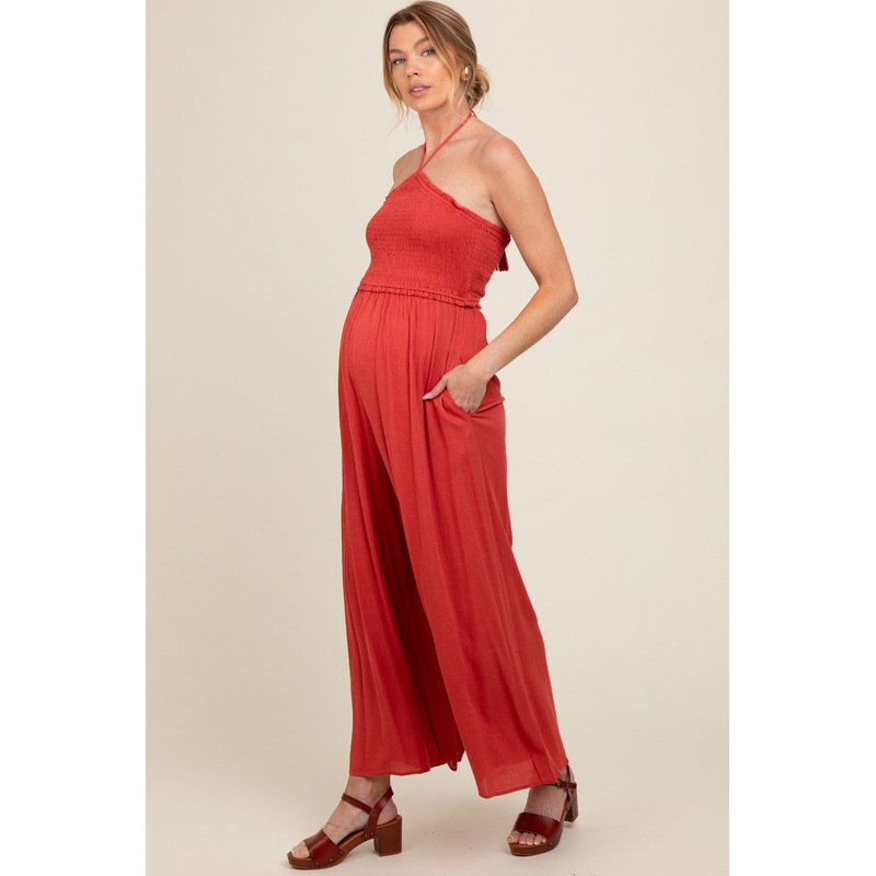 Scarlet Back Cutout Smocked Halter Wide Leg Maternity Jumpsuit
