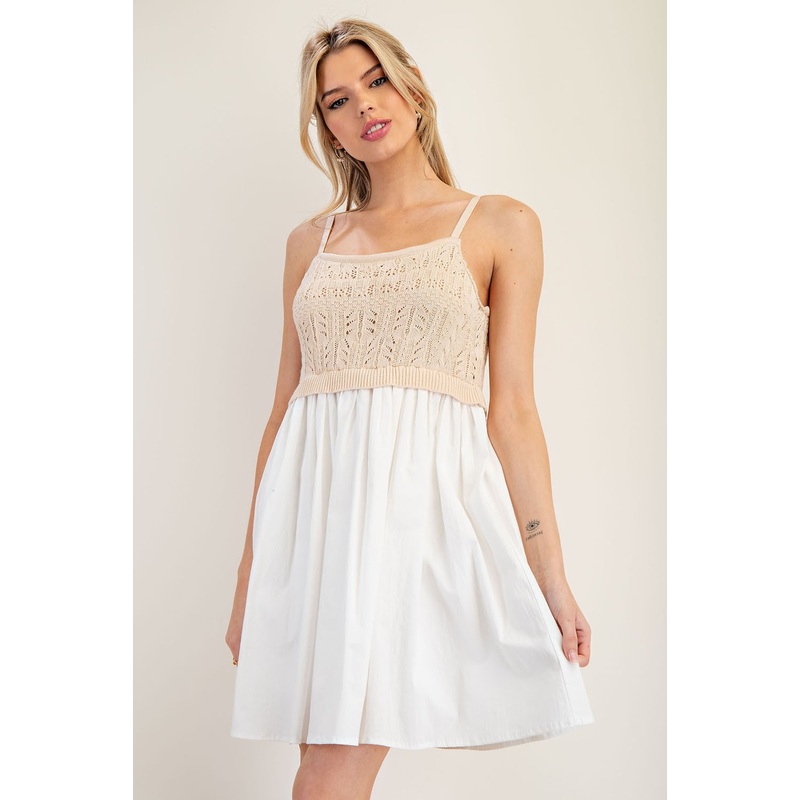 White Crochet Knit Contrast Mini Dress
