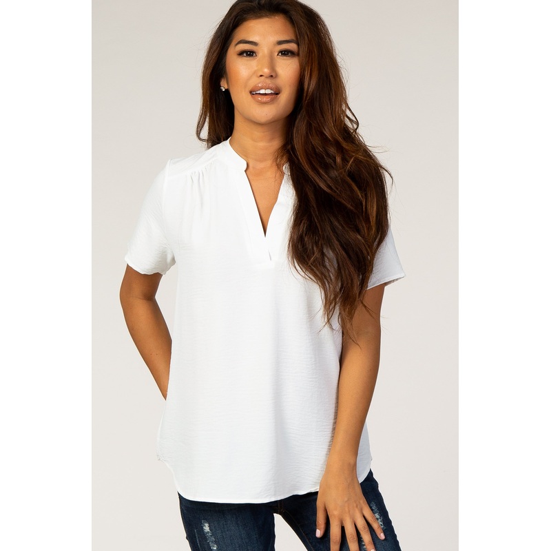 White Short Sleeve V-Neck Blouse