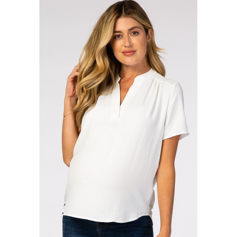 White Short Sleeve V-Neck Maternity Blouse