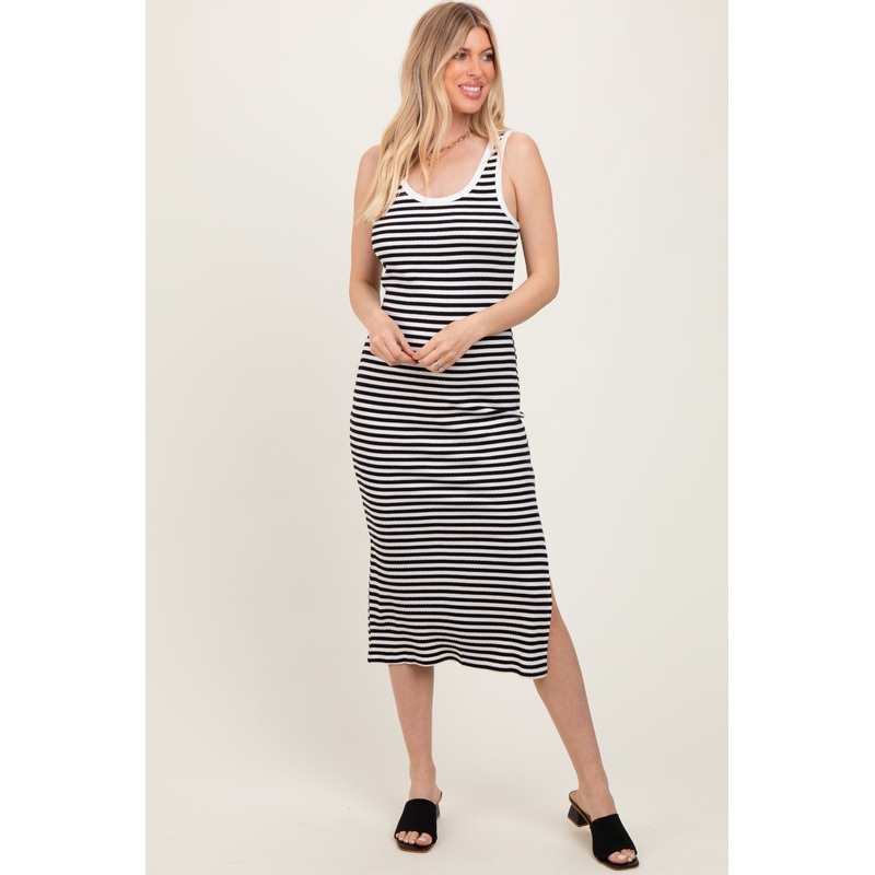 White Striped Ribbed Side Slit Sleeveless Midi Dress