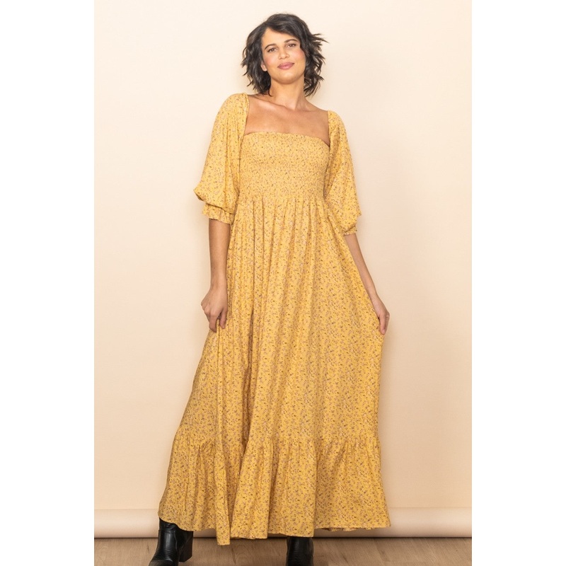 Yellow Floral Smocked Off Shoulder Maxi Dress