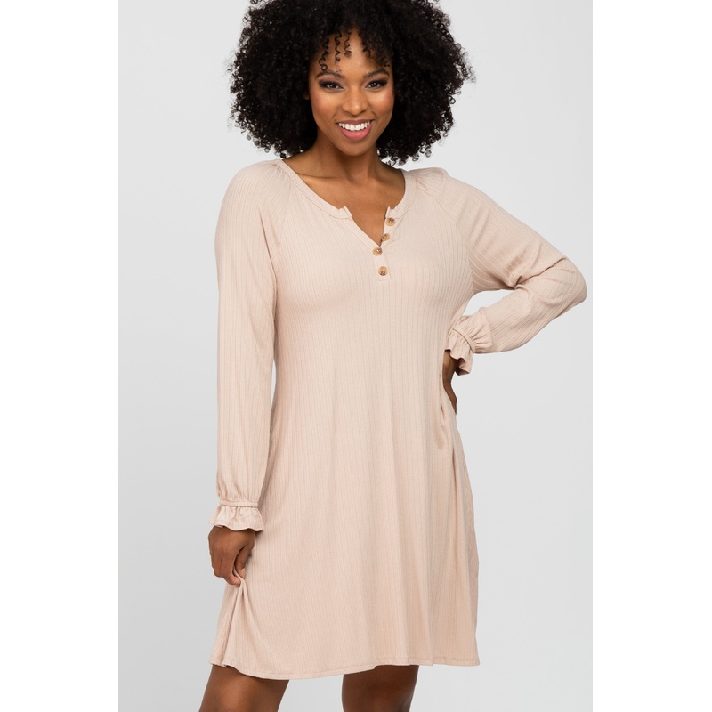 Beige Ribbed Button Front Long Ruffle Sleeve Dress