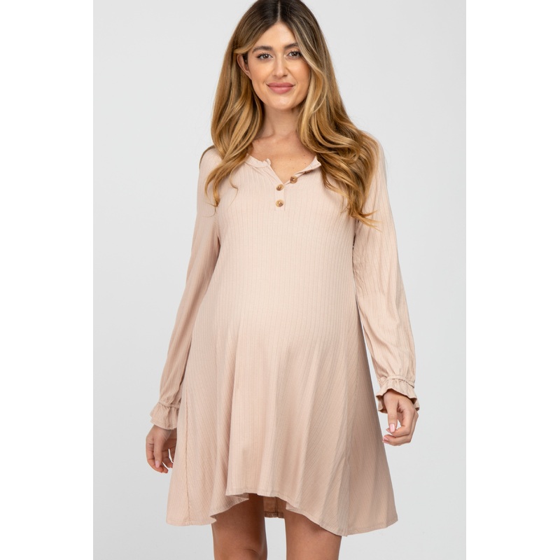 Beige Ribbed Button Front Long Ruffle Sleeve Maternity Dress