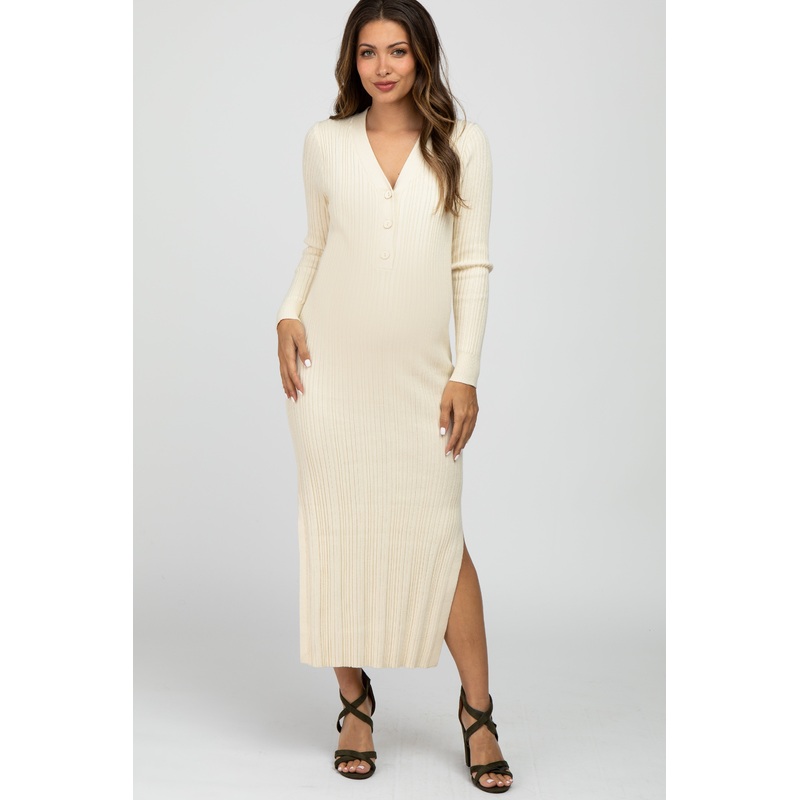 Beige Ribbed Knit Side Slit Maternity Maxi Dress
