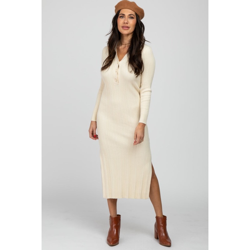 Beige Ribbed Knit Side Slit Maxi Dress