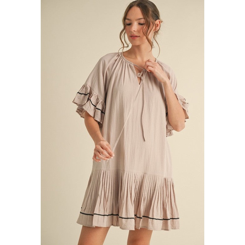 Beige Solid Short Sleeve Pocketed Dress