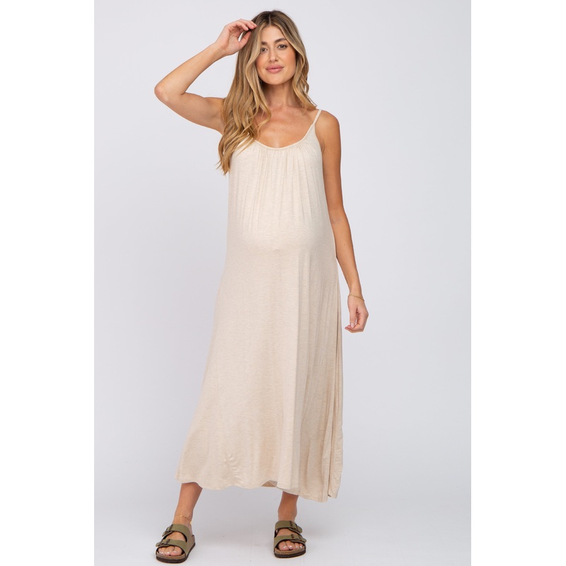 Beige Solid Sleeveless Maternity Maxi Dress