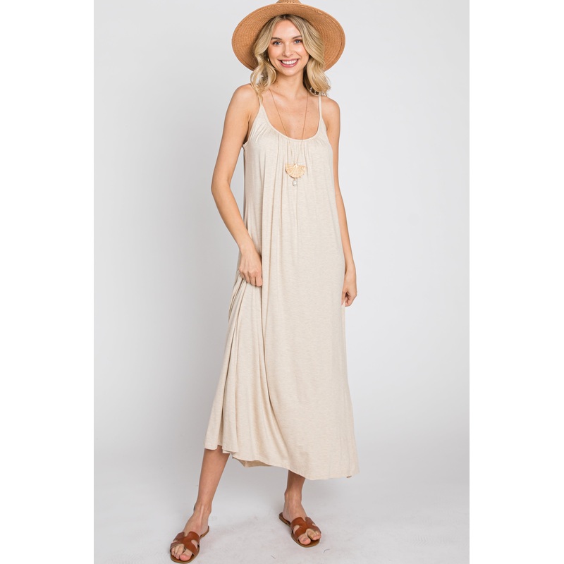 Beige Solid Sleeveless Maxi Dress