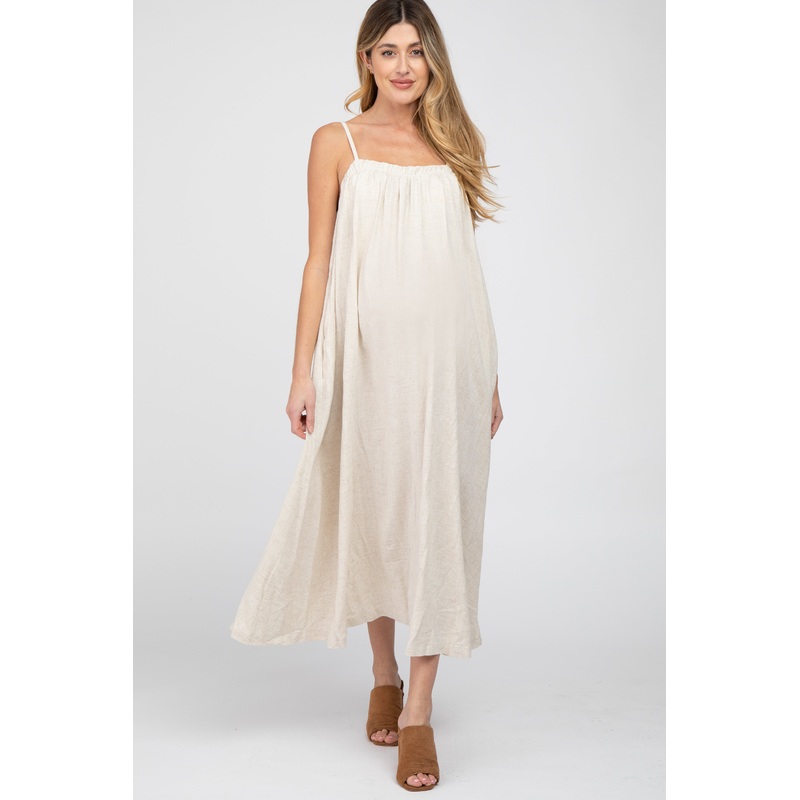 Beige Square Neck Linen Sleeveless Maternity Maxi Dress