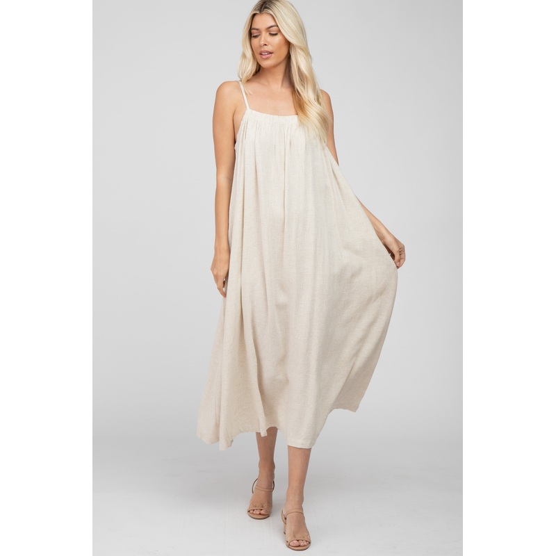 Beige Square Neck Linen Sleeveless Maxi Dress