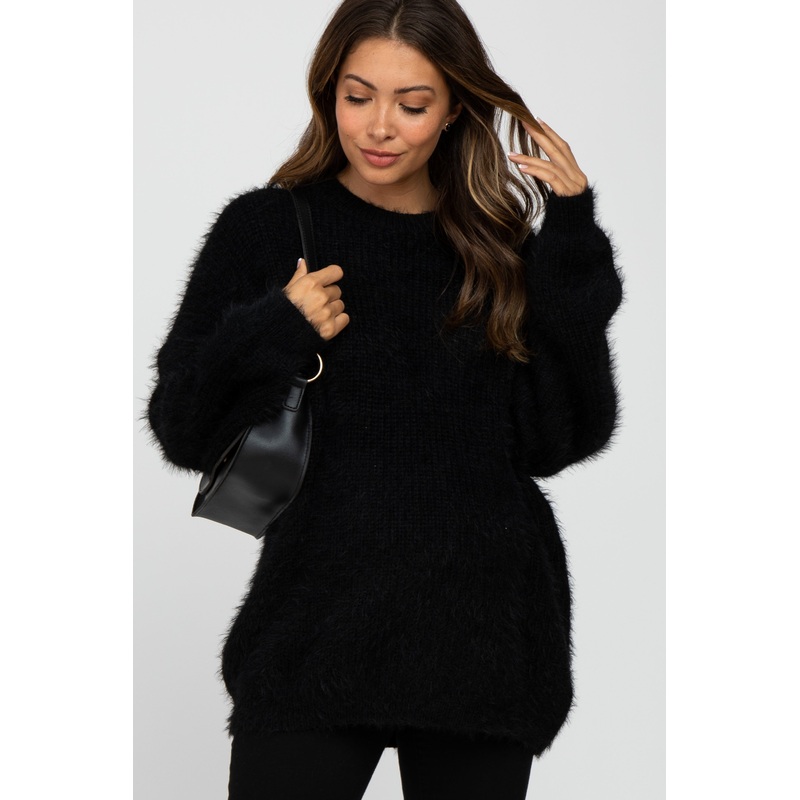Black Fuzzy Chunky Knit Maternity Sweater