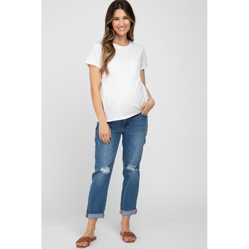 Blue Relaxed Fit Cuffed Maternity Jeans
