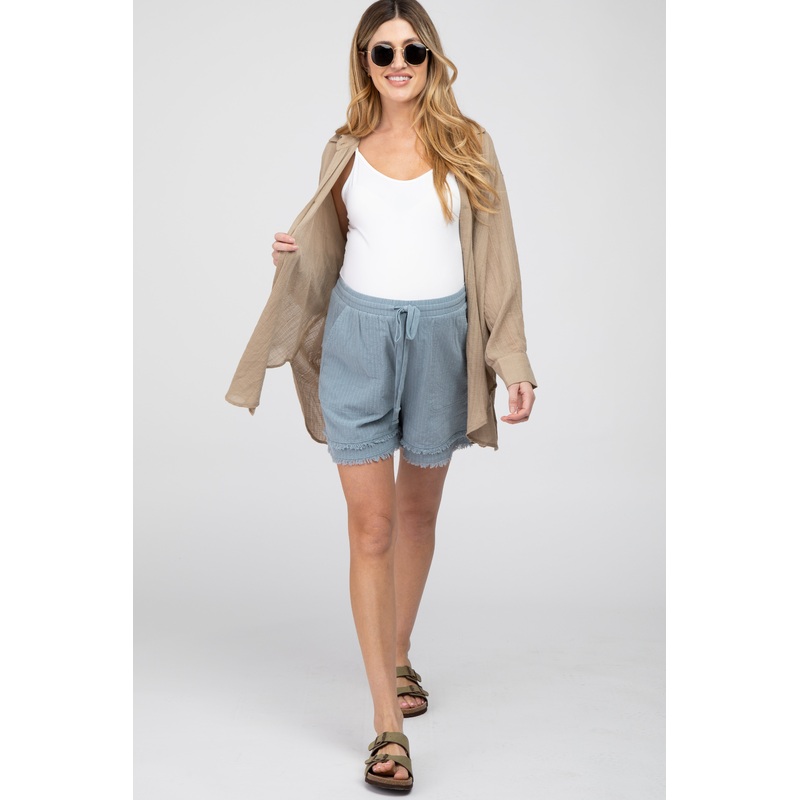 Light Blue Striped Fringe Hem Maternity Shorts