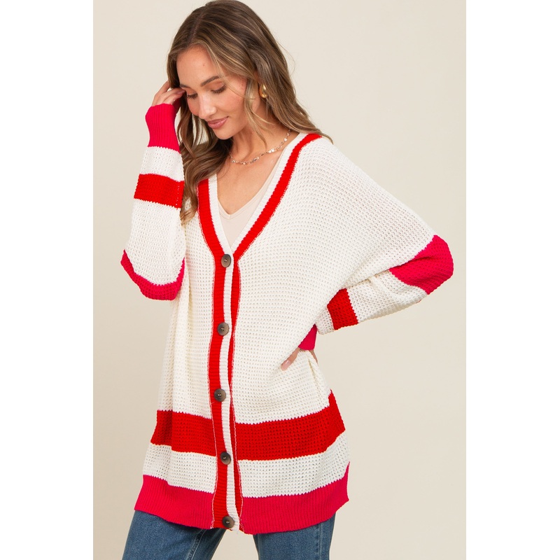 Red Colorblock Button Down Cardigan