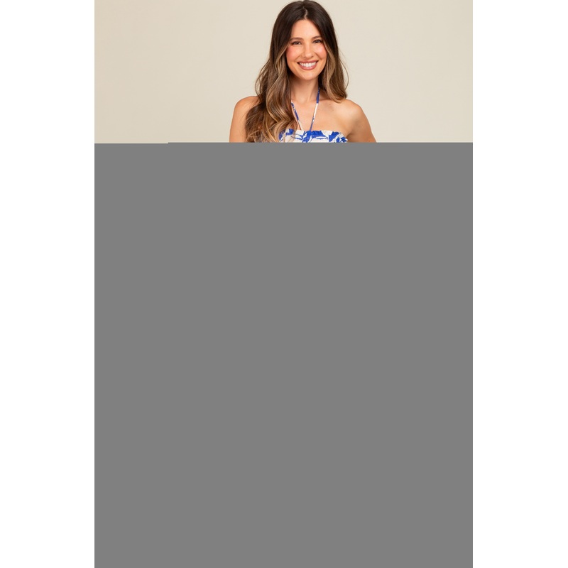 Royal Blue Tropical Print Cutout Smocked Maternity Jumpsuit