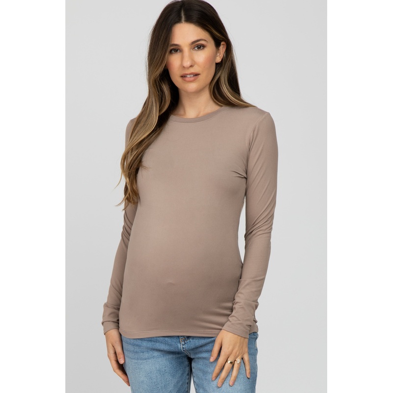 Taupe Long Sleeve Basic Maternity Top