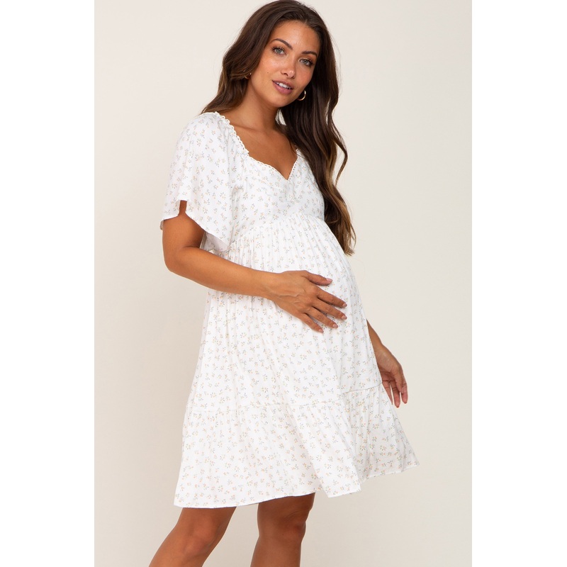 White Coral Floral Sweetheart Neckline Maternity Dress