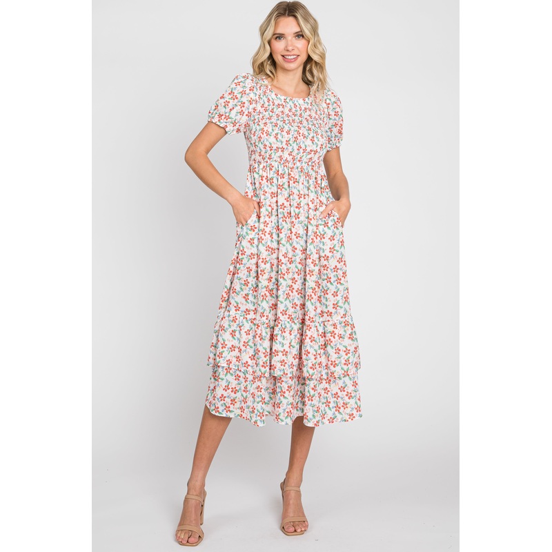 White Floral Smocked Layered Midi Dress