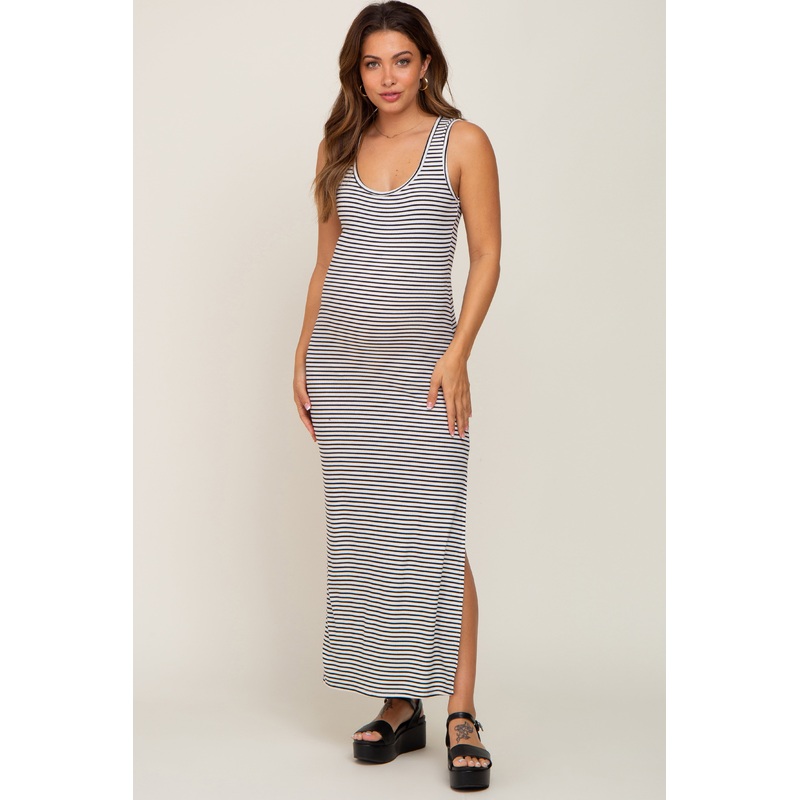 White Sleeveless Striped Maternity Maxi Dress