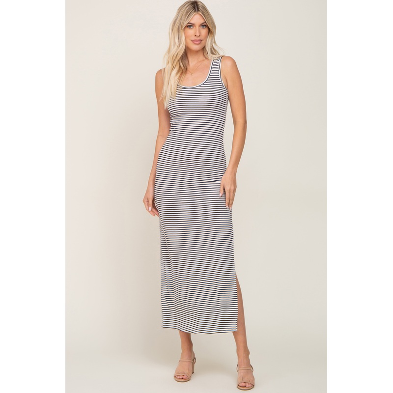White Sleeveless Striped Maxi Dress