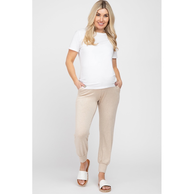 Beige Foldover Maternity Joggers