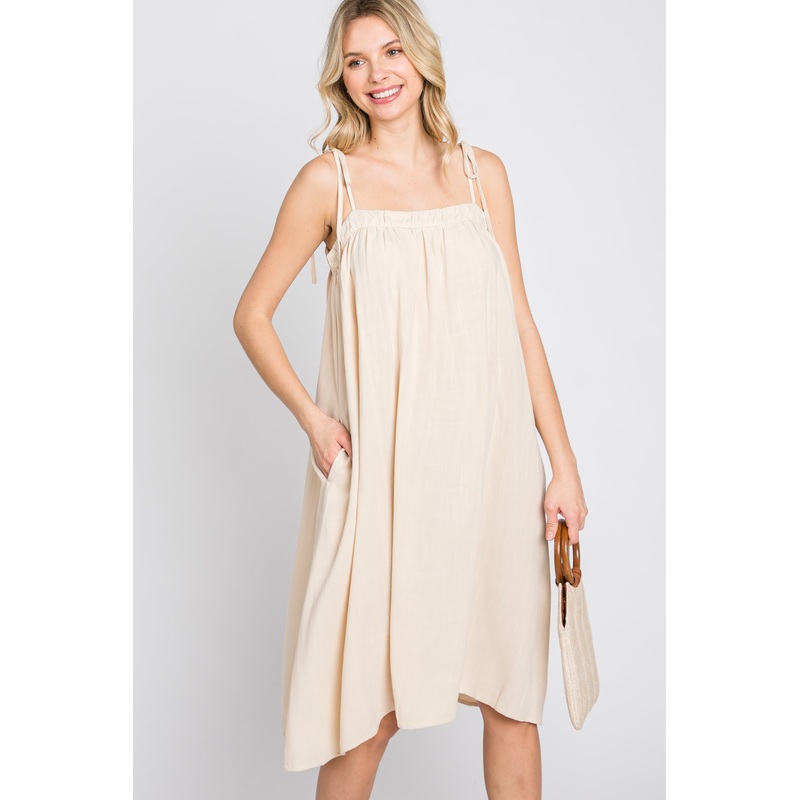 Beige Shoulder Tie Dress